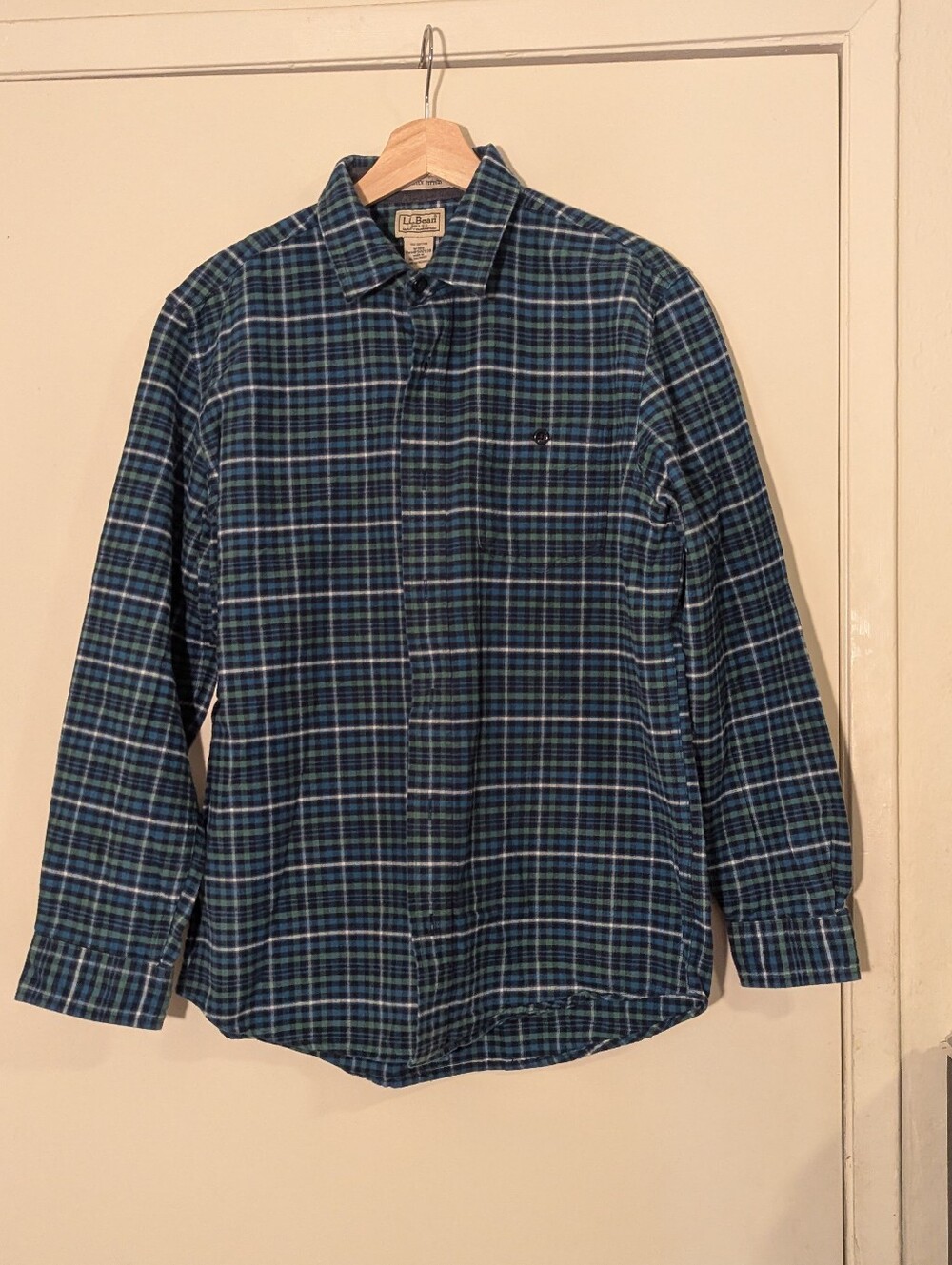 Men's Blue Green Plaid Flannel Button-Up Shirt, M